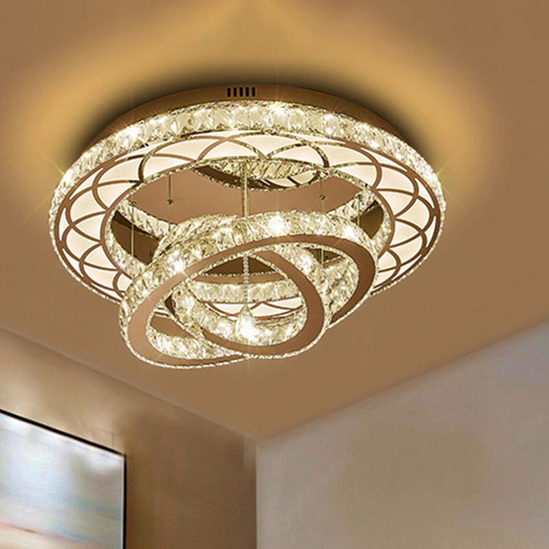 23.5“/31.5” Wide Ring Crystal Flush Mount Lamp Modern LED Living Room Ceiling Mounted Fixture in Chrome