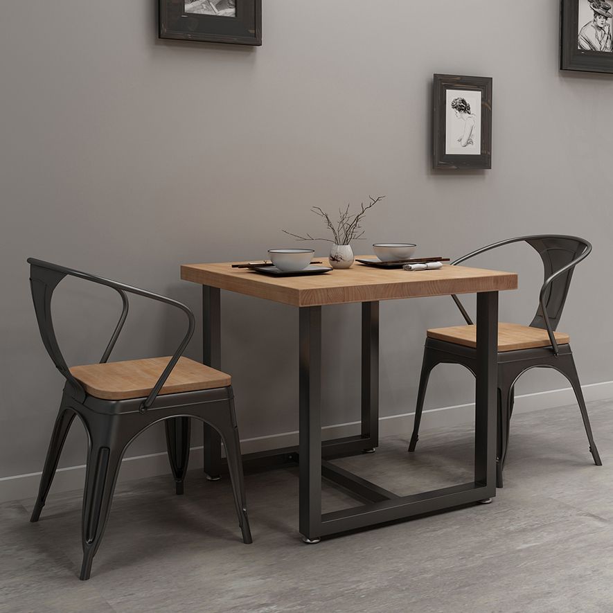 Industrial Solid Wood Dining Table Square Table in Brown with Metal Trestle Base