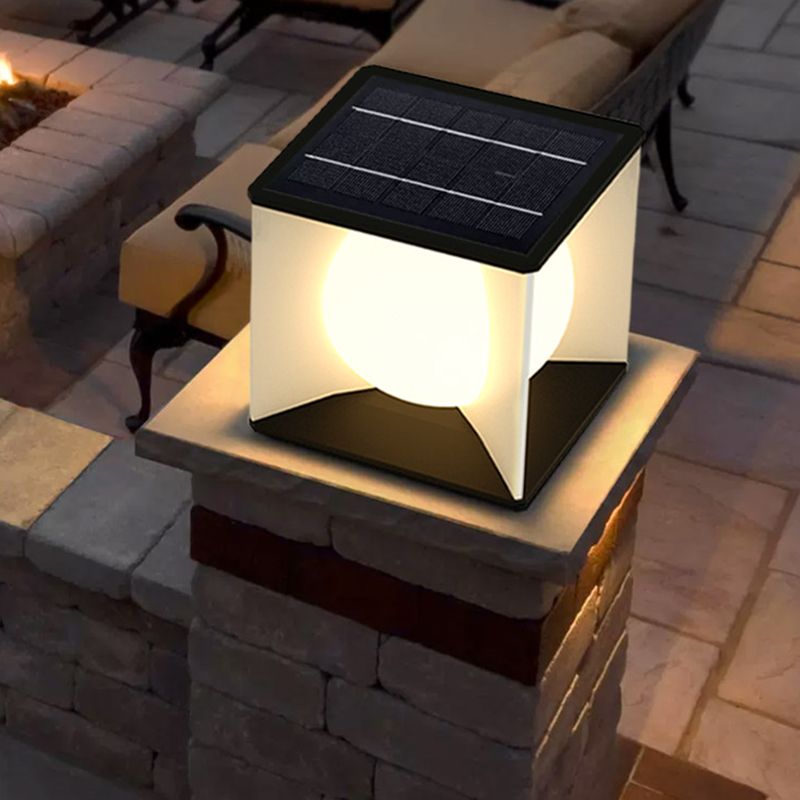 Metal Square Shape Solar Pillar Lamp Modern Style 1 Light Outdoor Lights in Black