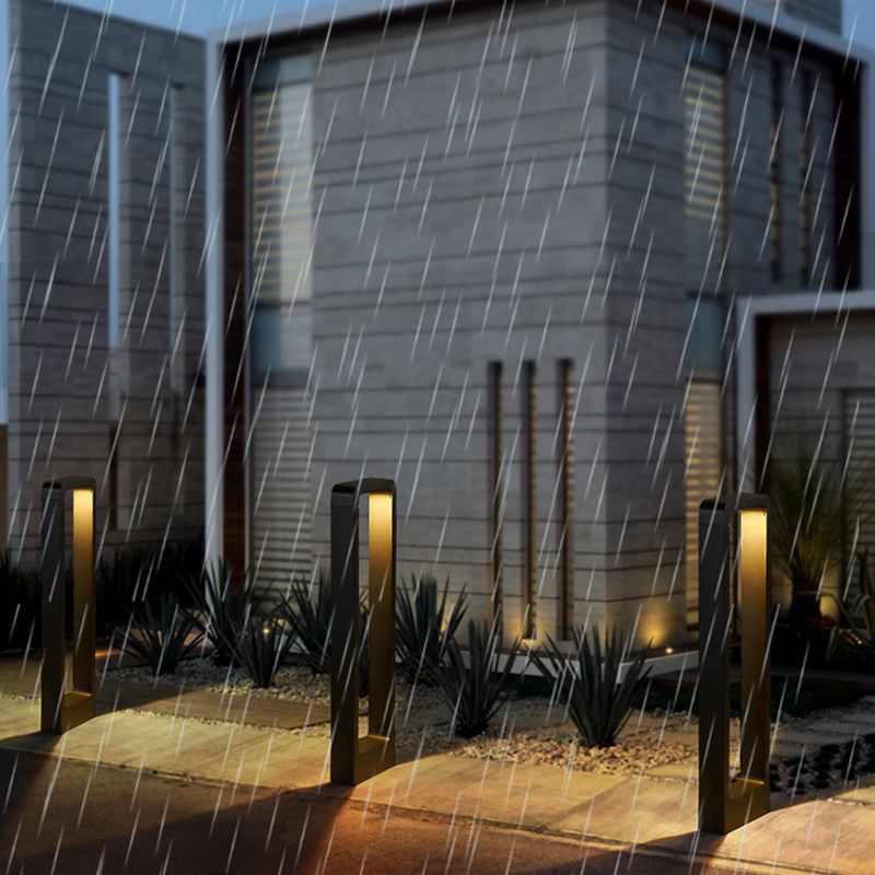 Contemporary Metal Pillar Lamp Rectangle Shape Outdoor Waterproof Light with Glass Shade