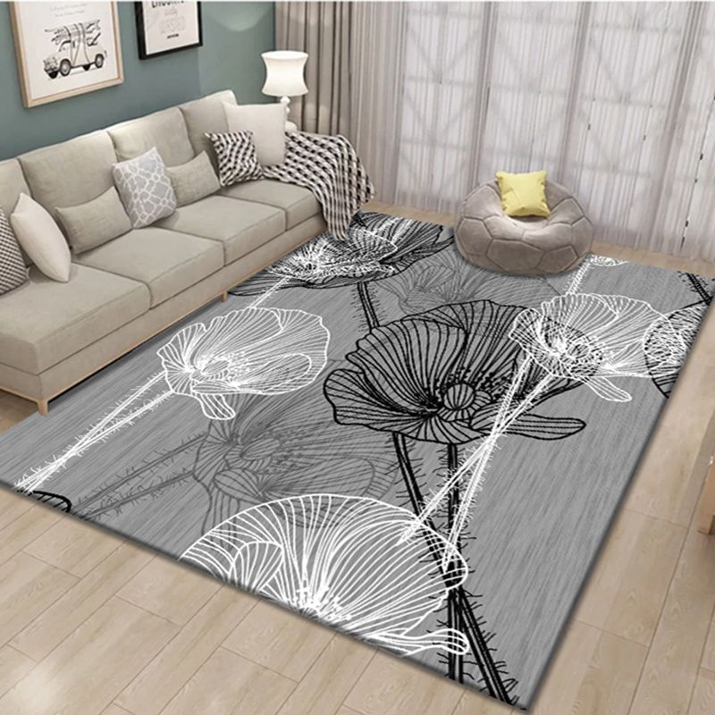 Solid Color Simple Indoor Rug Polyester Plants Print Rug Stain Resistant Indoor Rug for Living Room