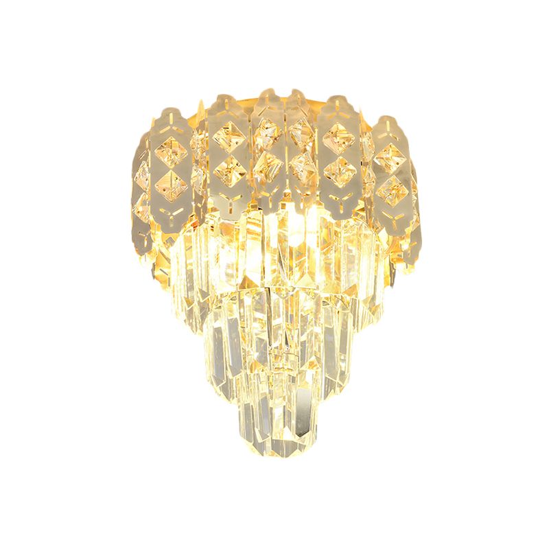 3 Lights Layered Tapered Ceiling Fixture Modern Style Gold Crystal Prism Semi Mount Lighting