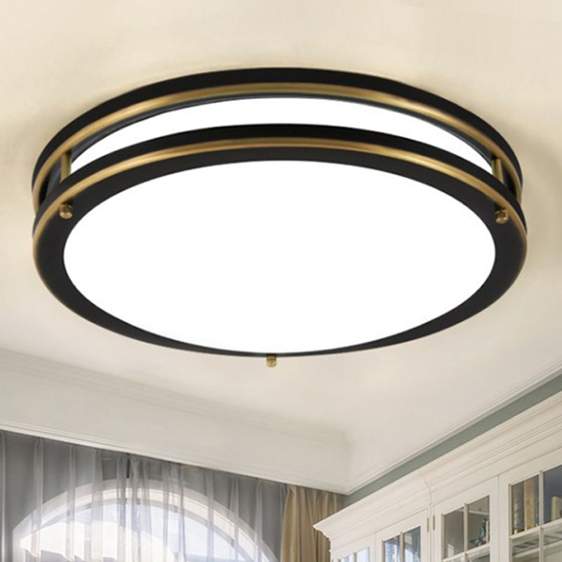 Black/Brass LED Ceiling Mount Traditional White Glass Drum Flush Light Fixture for Corridor in Warm/White Light, 12"/16" W