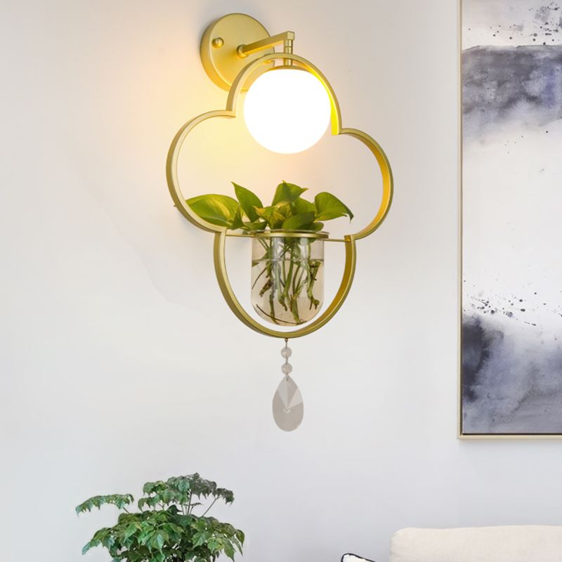 Vintage Clover Suspension Lamp 1 Head Metal LED Pendant Light in Gold with Crystal Accent