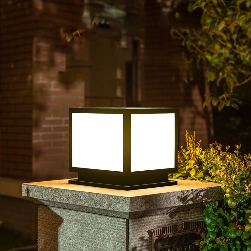 Square Shape Metal Solar Pillar Lamp Modern 1 Light Outdoor Waterproof Light in Black