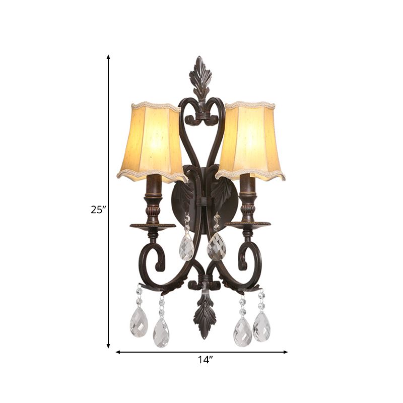Rust Scalloped Sconce Traditional Metal 2 Lights Indoor Wall Mount Lighting with Fabric Shade and Crystal Accents