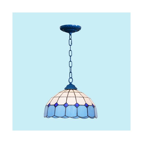 Mediterranean Dome Hanging Light Stained Art Glass 1 Bulb Pendant Light Fixture in White/Blue/Bronze