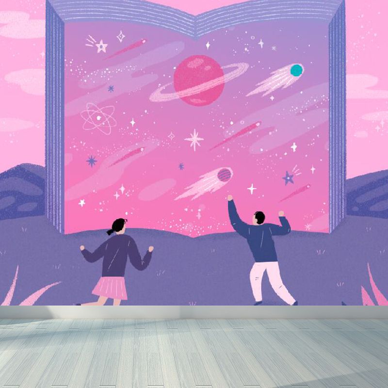 Modern Starry Night Mural Wallpaper for Boys Bedroom Full Size Wall Covering in Pink