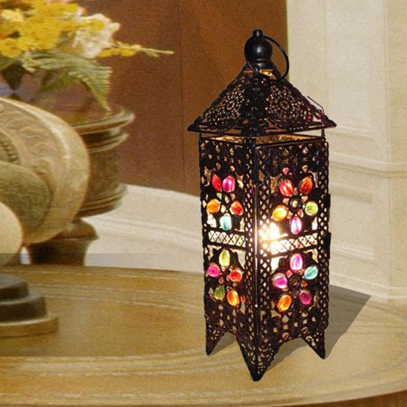 Lampada da comodino a lanterna bohémien con 1 lampadina, illuminazione da comodino in metallo in viola/rosso per soggiorno