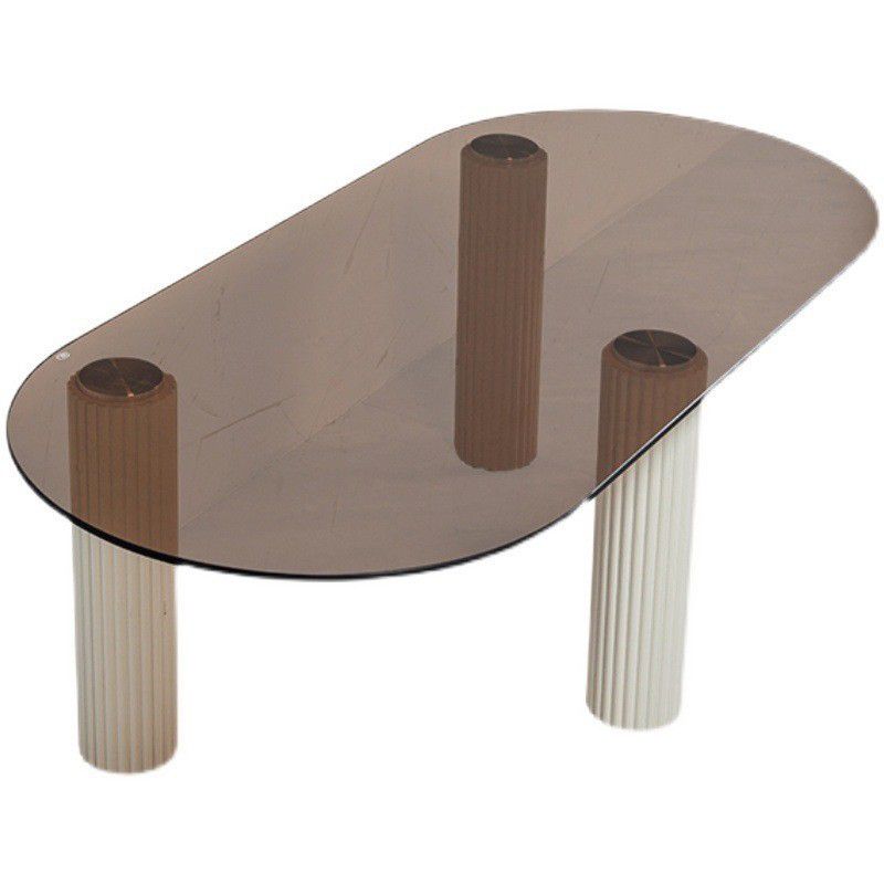 Contemporary Oval Glass Top Coffee Table with 3 Wooden Legs Cocktail Table