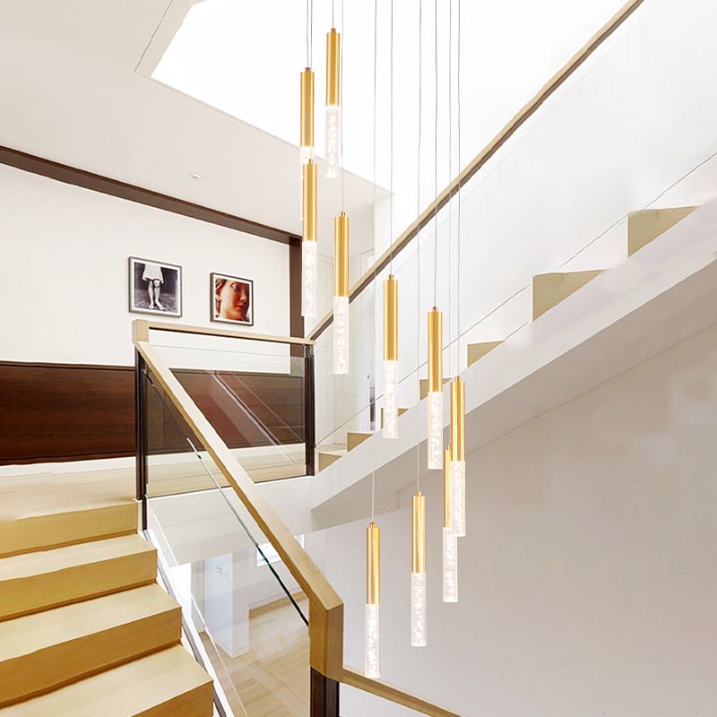Gold Slim Tube Hanging Lighting Modern Acrylic 10 Lights Stair Multi Light Pendant Chandelier