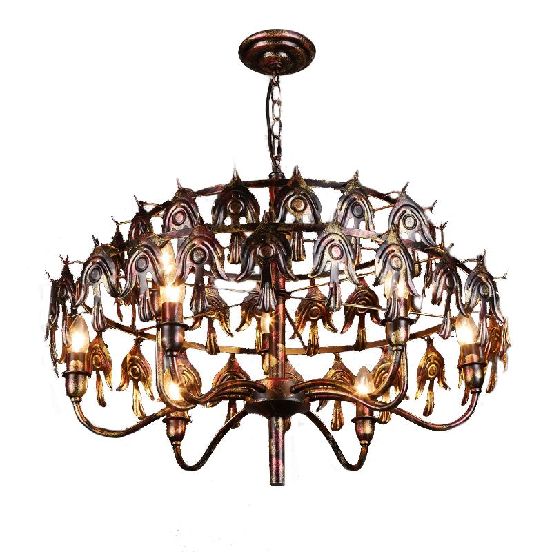 Exposed Bulb Living Room Pendant Chandelier Country Metal 9 Lights Rustic Copper Hanging Fixture