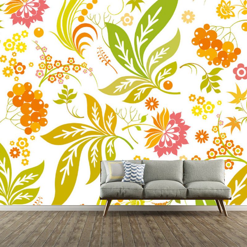 Flower and Leaf Wallpaper Murals Yellow-Green Contemporary Wall Art for Girls Room