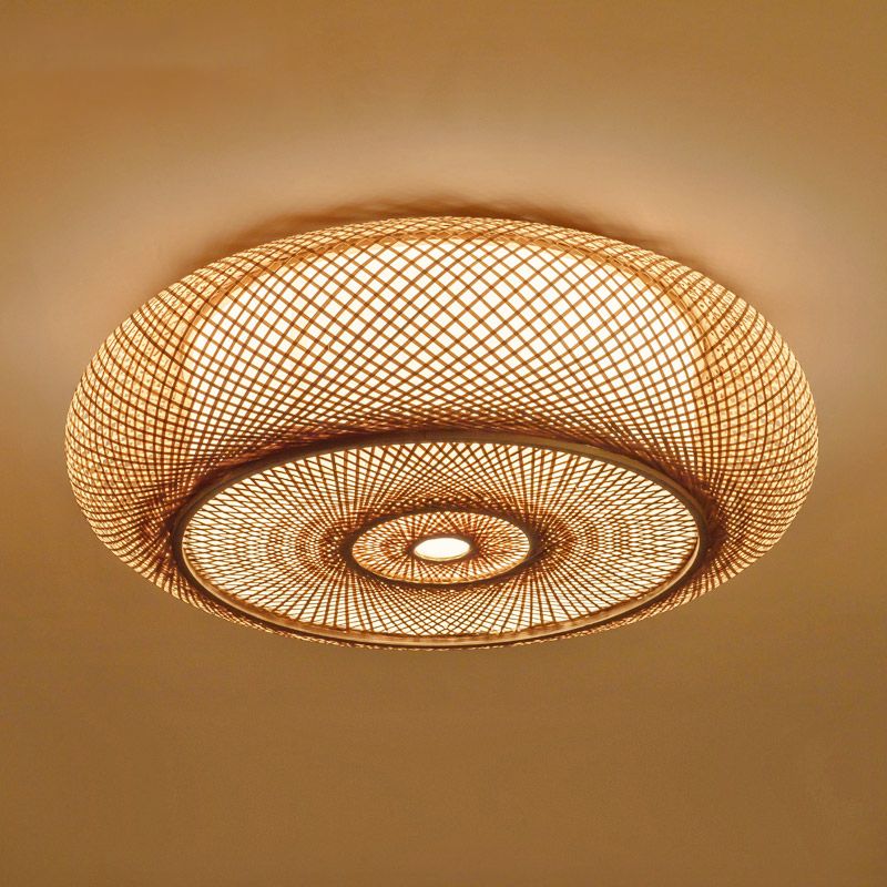 Round Shape Ceiling Lamp Asian Style Rattan 1 Light Flush Mount for Bedroom