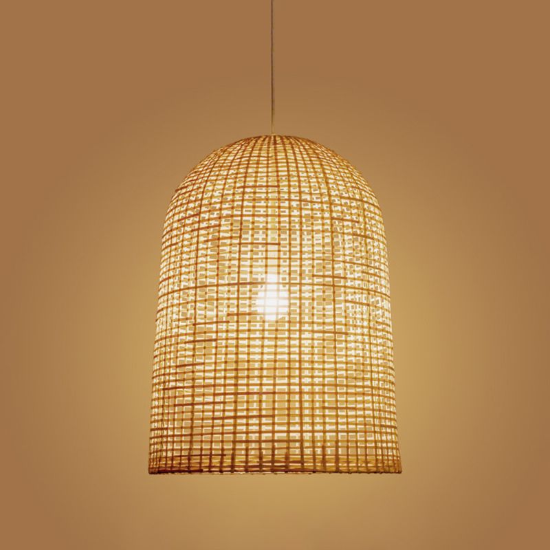 1-Licht-Restaurant Decke Anhänger Chinesische beige Anhänger Beleuchtung mit länglichem Netzbambusschatten