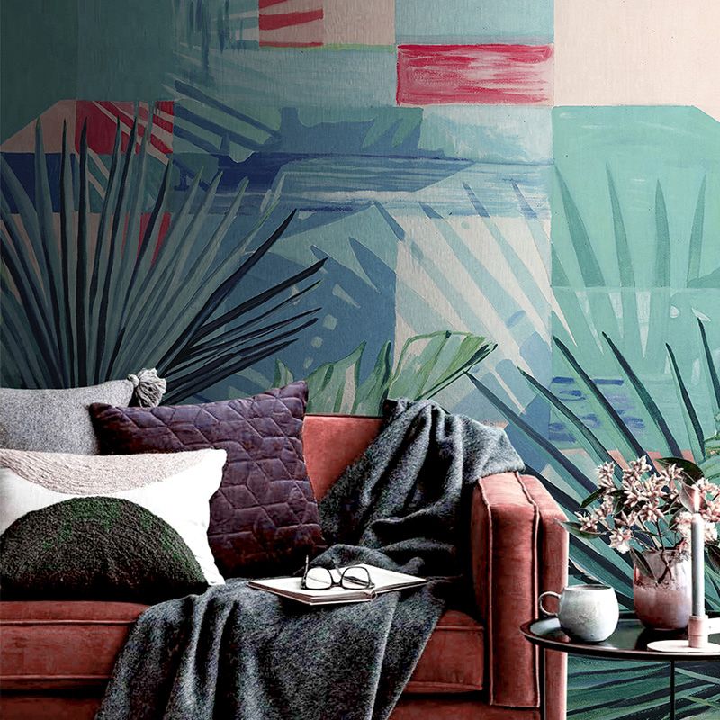 Whole Plants Wall Murals Tropics Leaves Wall Covering in Blue-Green for Living Room