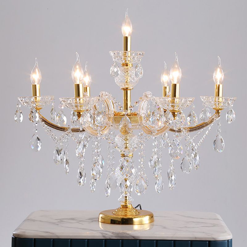7 Bulbs Crystal Strand Night Table Lamp Traditional Gold Candelabra Bedroom Nightstand Light