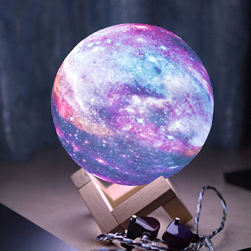 Purple Galaxy Spherical Night Lamp Kids Plastic LED Table Light with Wooden Base