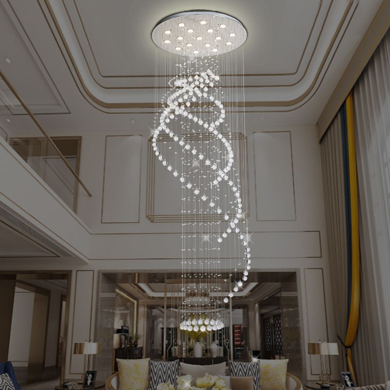 Modernist Spiral LED Ceiling Light 17 Bulbs Clear Crystal Cluster Pendant Lamp in Silver