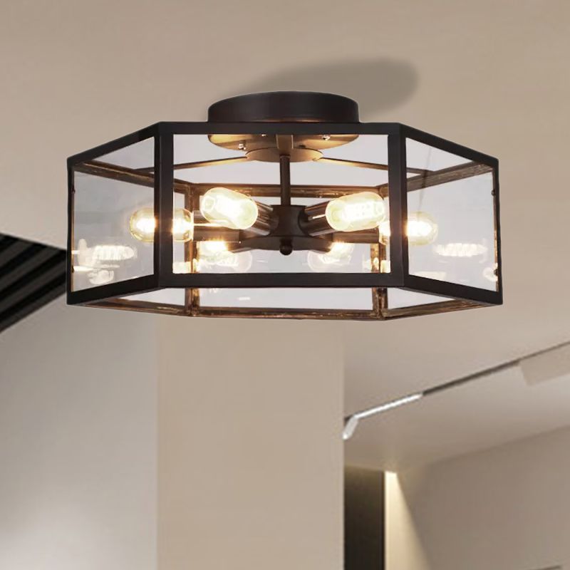 6 Bulbs Semi Flush Mount Vintage Geometric Clear Glass Ceiling Light in Black for Kitchen