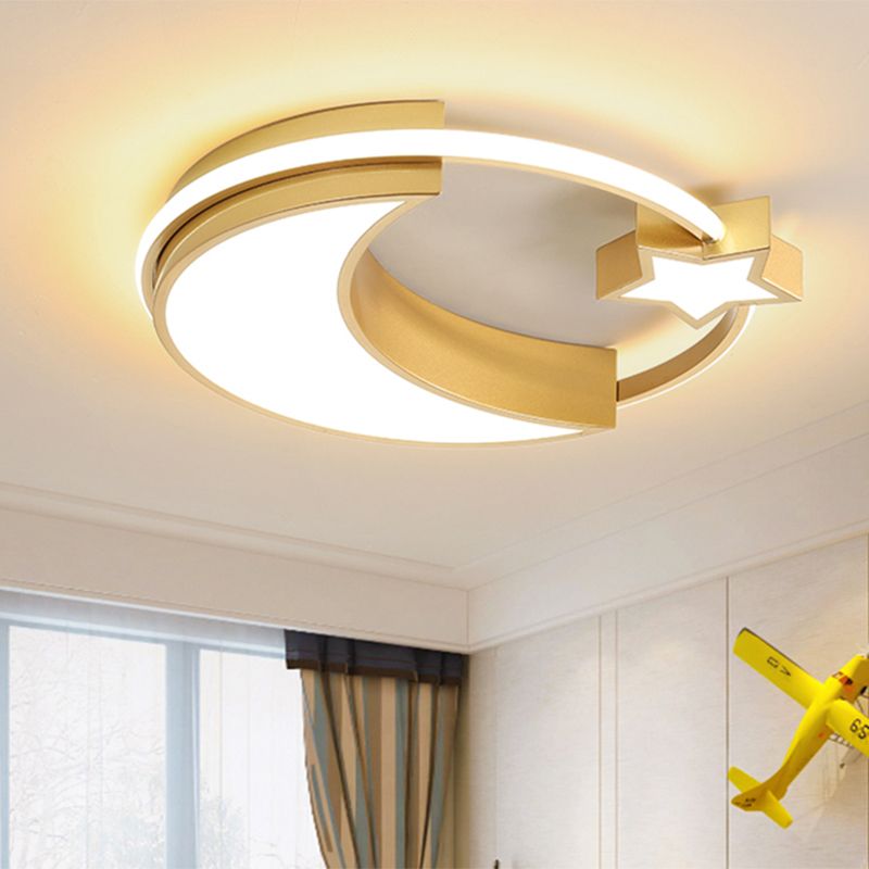 Kinder Moon and Star Flush Mount Acryl LED Schlafzimmer Deckenleuchte in Gold/Schwarz und Weiß