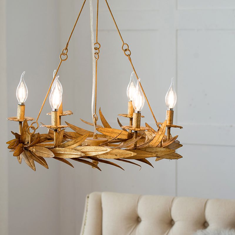 Gold 6 Lights Ceiling Pendant Light Vintage Metal Candle Chandelier Lamp with Garland Design