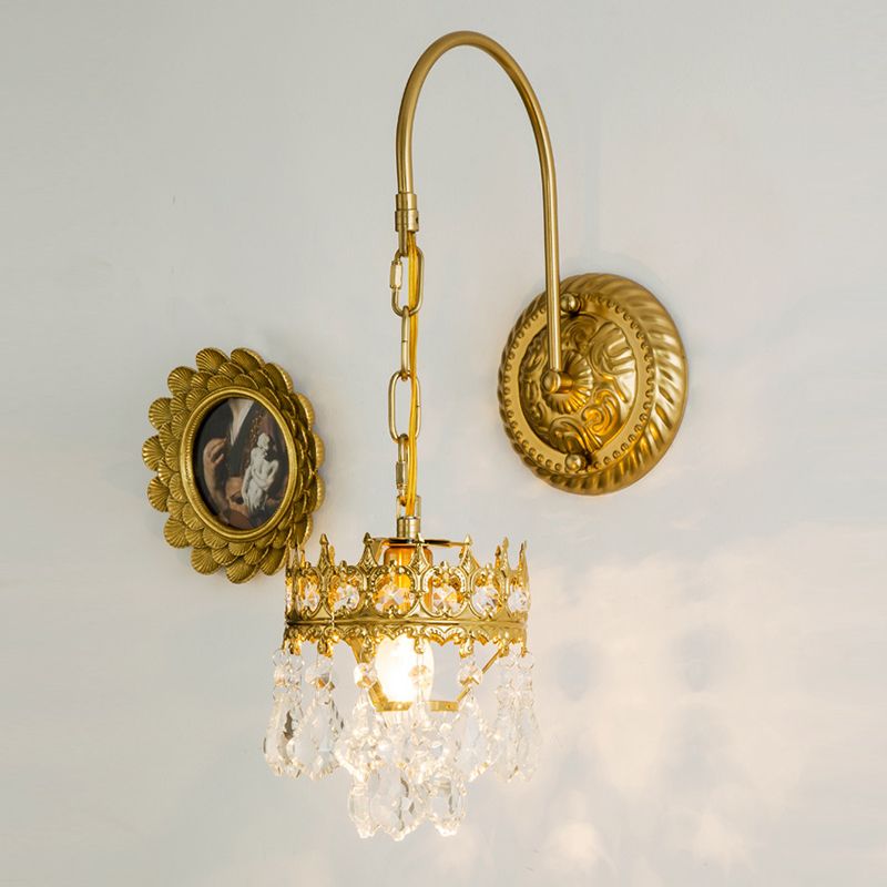 Postmodern Golden Wall Light Fixture with Crystal Shade for Sitting Room