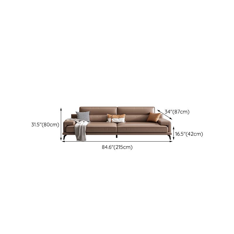 Modern Sewn Pillow Back Cushions Sofa Genuine Leather Square Arm Sofa in Brown