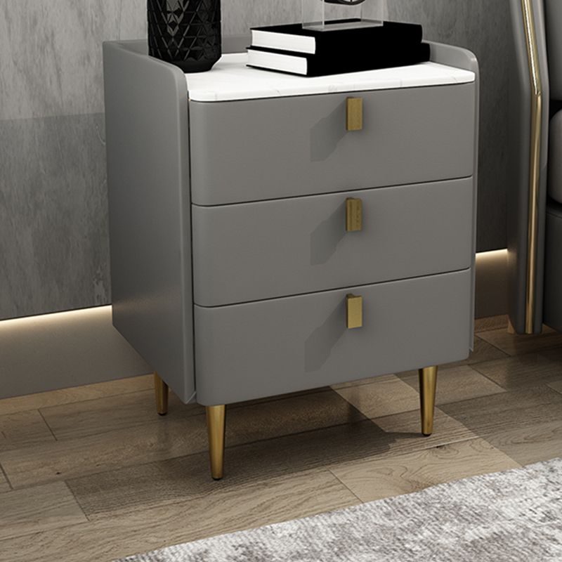 Faux Leather Nightstand Modern 3 - Drawer Nightstand with Stone Top