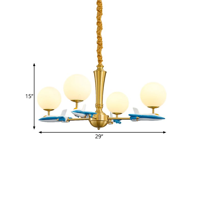 Lampe à suspension sphérique Kids Verre opaque 4 lumières Nursery Chandelier Light avec avion déco en bleu