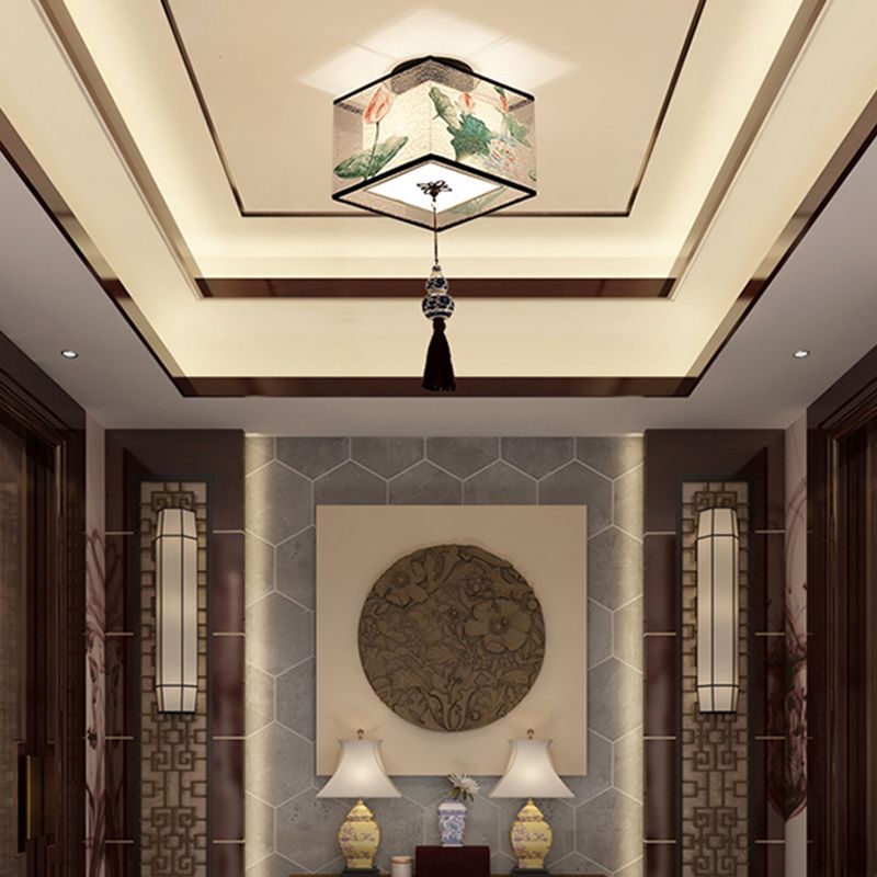 Square/Drum Shape Chinese Style Fabric Flush Mount Light Fixture for Living Room Dinning Room