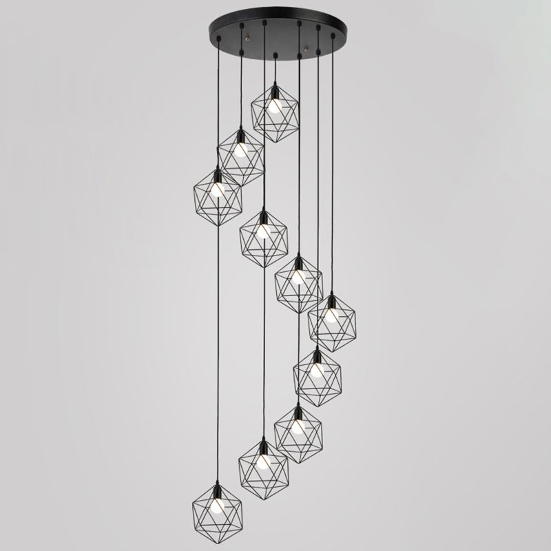 Geometric Cage Staircase Multi Ceiling Lighting Metallic Suspension Light Fixture