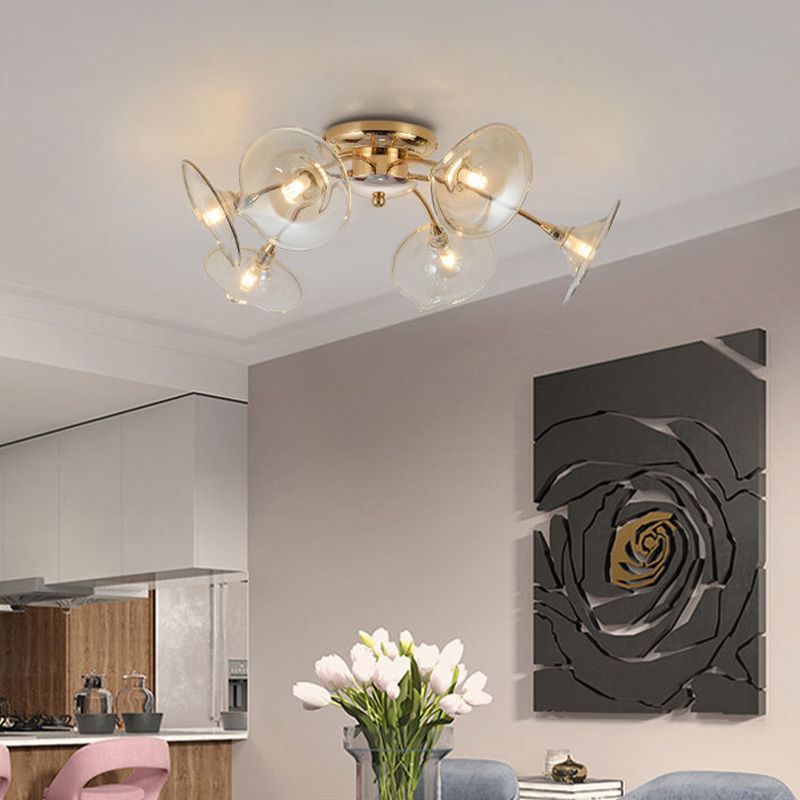 Gold Flared Semi Flush Light Fixture Post Modern 6-Bulb Green/Clear Glass Flush Mounted Lamp for Living Room