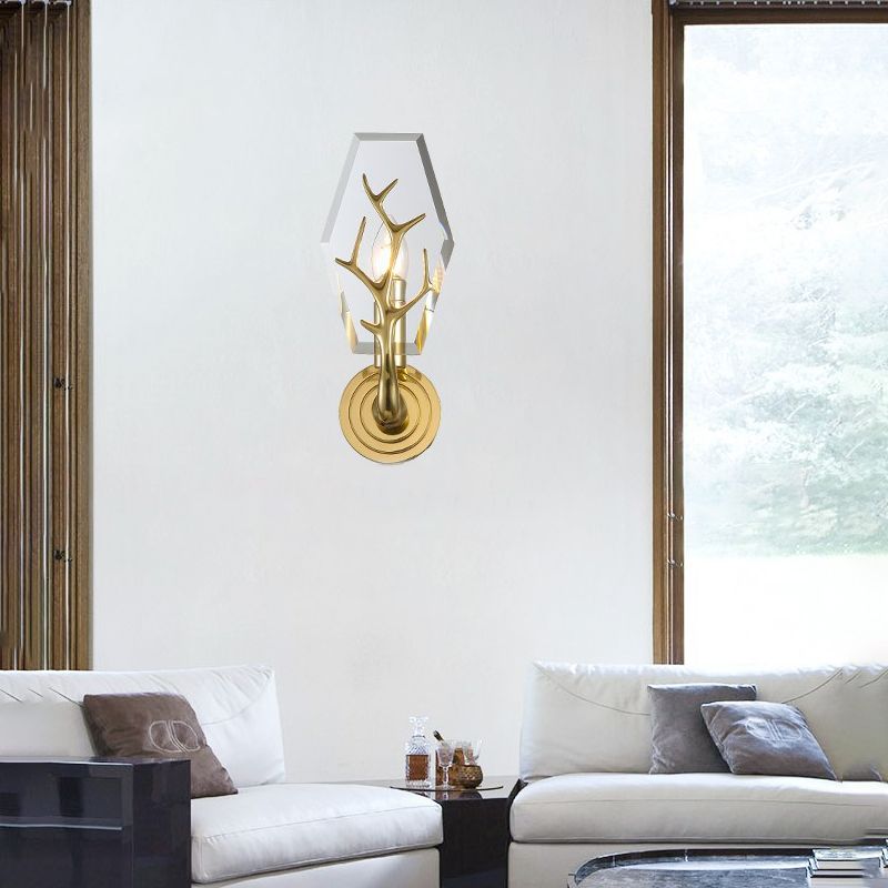 Crystal Panel Sconce Light Fixture Modern 1 Light Living Room Wall Mounted Lamp in Clear with Antler Deco