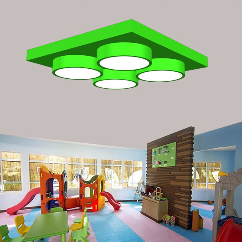 Kids Building Block Flush Mount Fixture Metal 16"/19.5"/23.5" W LED Nursery Ceiling Lamp in Red/Green, White Light