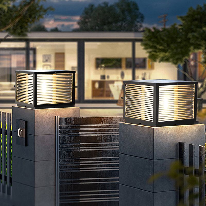Geometric Shape Metal Solar Pillar Lamp Modern Style 1 Light Outdoor Lights in Black