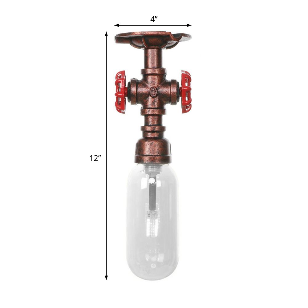 1 Light Ceiling Light Fixture Oval Shade Clear Glass Industrial Bathroom Semi Flush in Weathered Copper with Pipe Design
