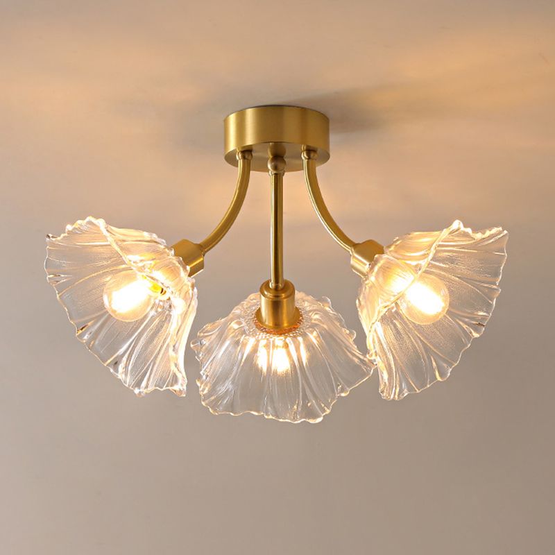 Glass Flower Shape Flush Mount Light Modern Multi Lights Flush Ceiling Light in Brass