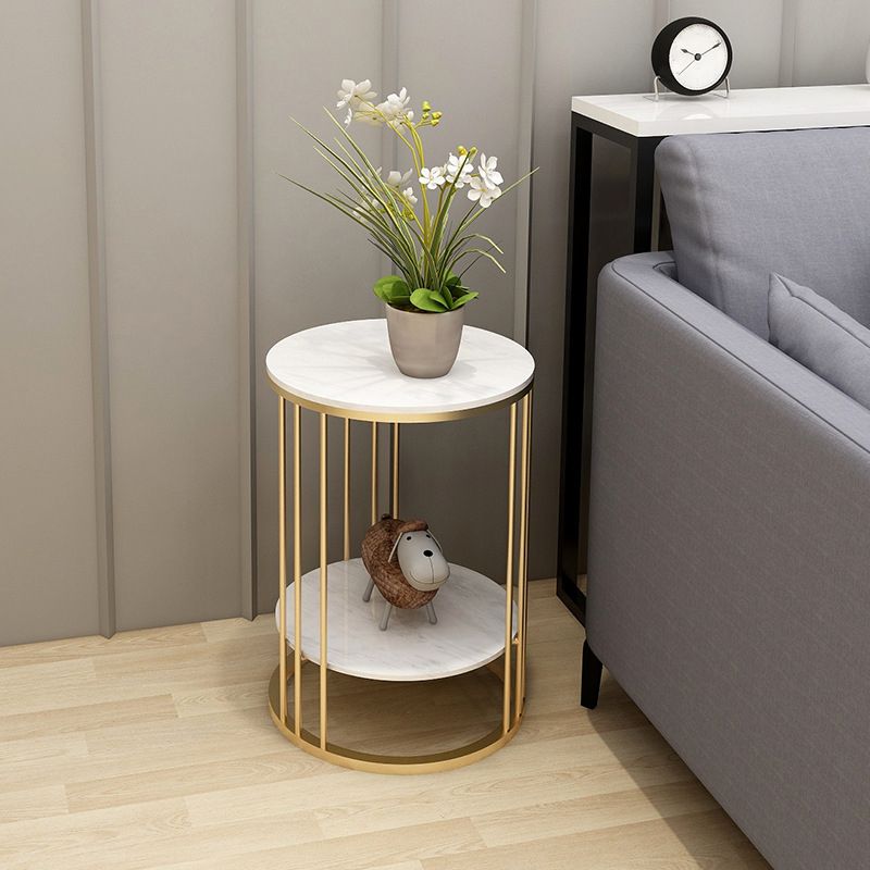 Frame-like Gold/black Metal Base Design Rock Sheet Top with Shelf Round Side Table