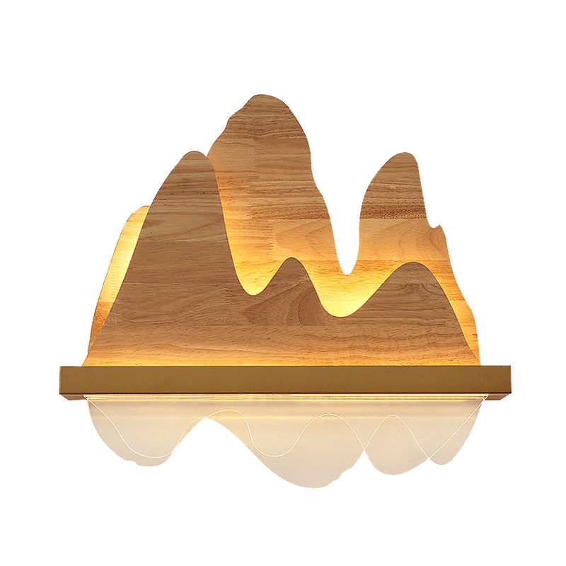 Asian Mountain Wooden Mural Light Fixture LED Wall Mount Lighting in Beige for Sitting Room