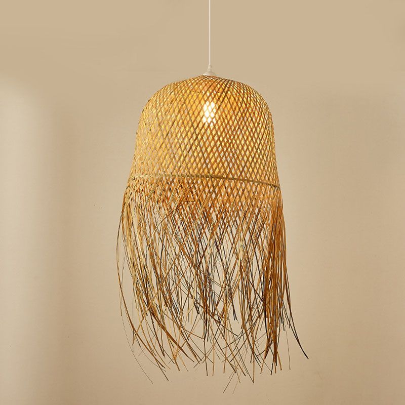 Weaving Dome Pendant Light Fixture Asian Bamboo 1-Light Dining Room Ceiling Lamp with Fringe in Wood