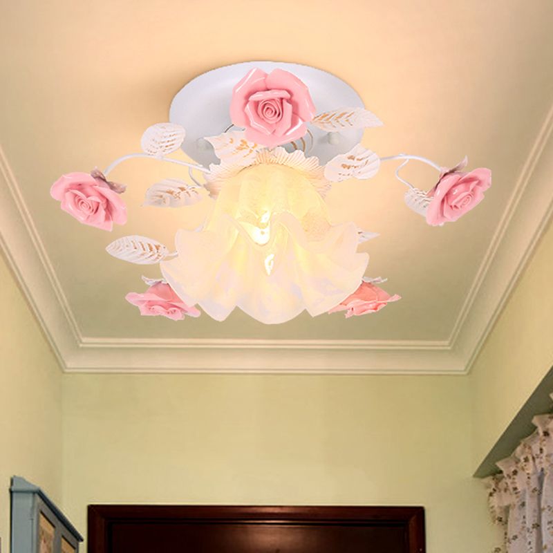 Rose Porch Ceiling Lighting Korean Garden Metal 1 Bulb White Semi Flush Mount Light Fixture