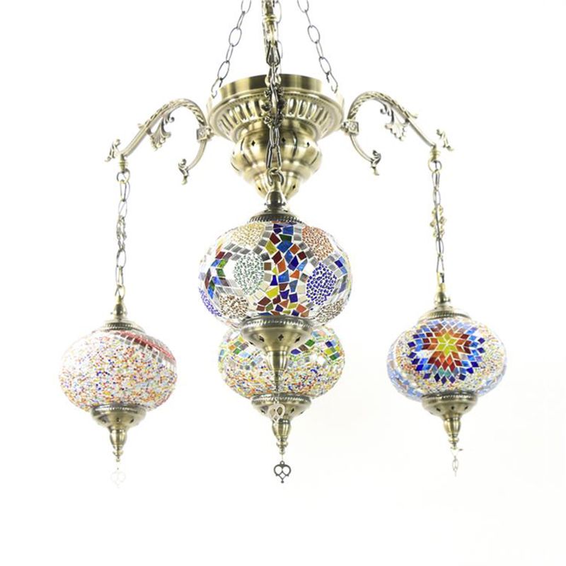 Bronze 4/6 Heads Pendant Chandelier Vintage Hand Cut Glass Oval Pendant Ceiling Light