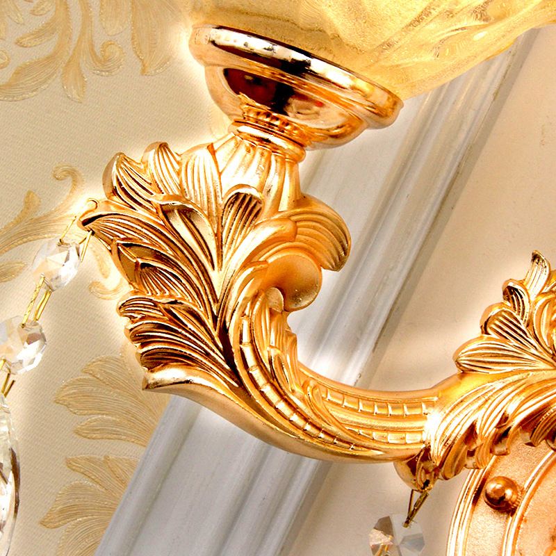 Gold Wall Light Fixture Vintage Frosted Glass Ruffle Flower Wall Mounted Lamp with Hanging Crystal