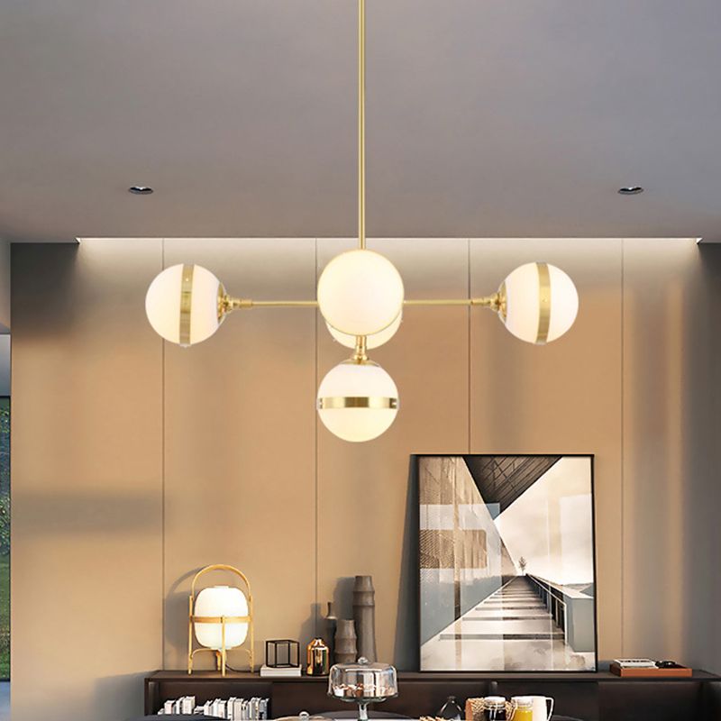 Gold Branch Hanging Lamp Kit Postmodern 3/5-Light White Ball Glass Suspension Pendant Light