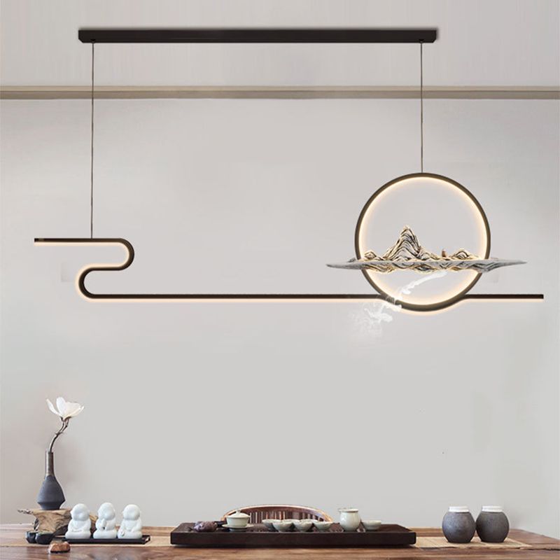 Chinese Minimalist Style Linear Island Pendant Lighting LED Metal Island Ceiling Light for Living Room