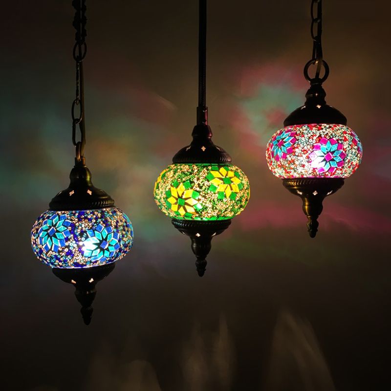 3 Heads Stained Art Glass Suspension Lamp Vintage Red/Yellow/Green Oval Bedroom Cluster Pendant