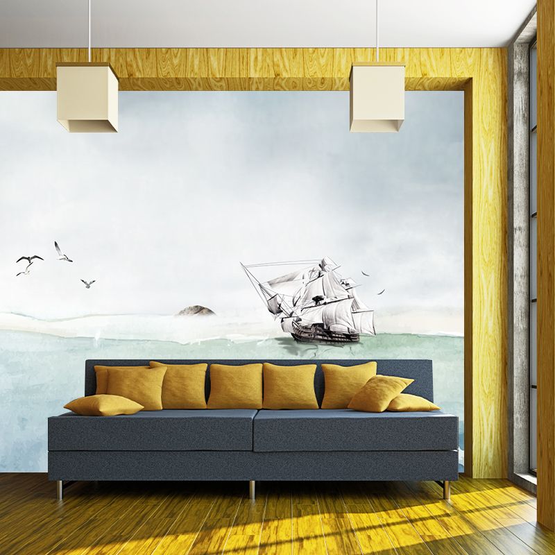 Sea Painting Sailing Vessel Mural Wallpaper Nautical Non-Woven Cloth Wall Art in Grey-Blue