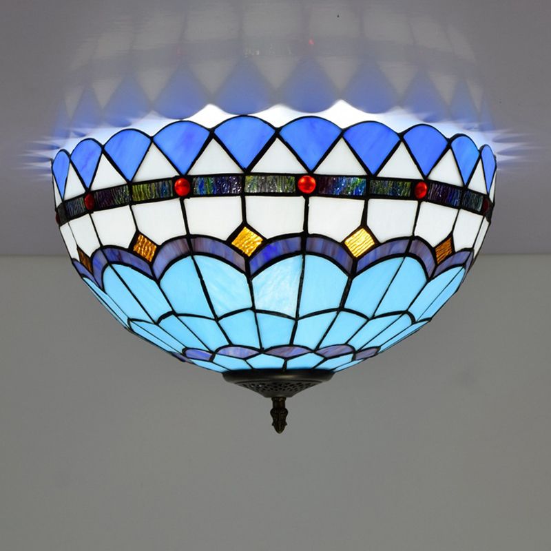 Blue 2/3 Bulbs Ceiling Mount Light Fixture Mediterranean Hand Rolled Art Glass Bowl Flush Mount Lighting, 12"/16" W