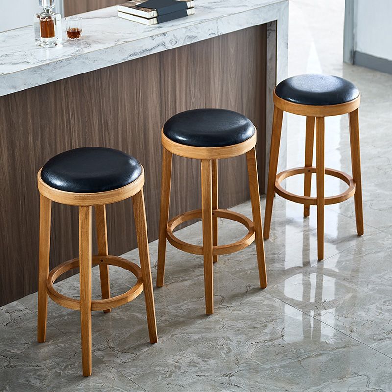 Modern Round Bar Stool Oak Solid Wood Bar Stool with PU Leather